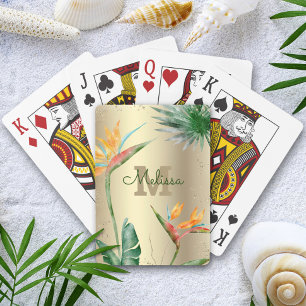 Tropisch Eiland Bloemrijk Monogram Schrift Goud Fo Pokerkaarten