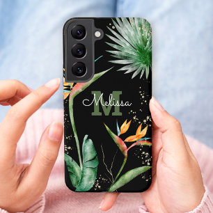 Tropisch Eiland Bloemrijke Monogram Script Goud Zw Samsung Galaxy Hoesje
