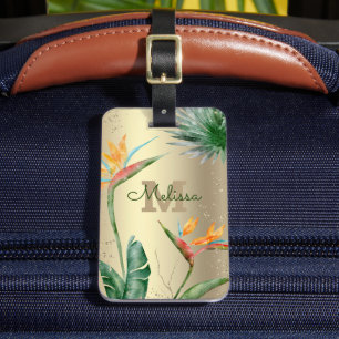 Tropisch eiland Floral Monogram Script Gold Foil Bagagelabel