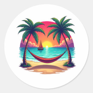Tropisch eiland met zonsondergang Travel Illustrat Ronde Sticker