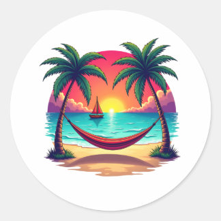 Tropisch eiland met zonsondergang Travel Illustrat Ronde Sticker