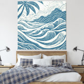 Tropisch eiland op het zee houtprint stijl canvas afdruk (Insitu (Slaapkamer))