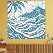 Tropisch eiland op het zee houtprint stijl canvas afdruk (Insitu (Woonkamer))