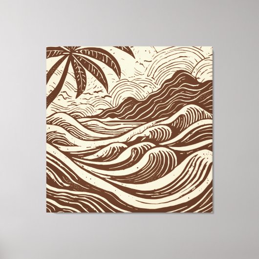 Tropisch eiland op het zee houtprint stijl canvas afdruk (Voorkant)