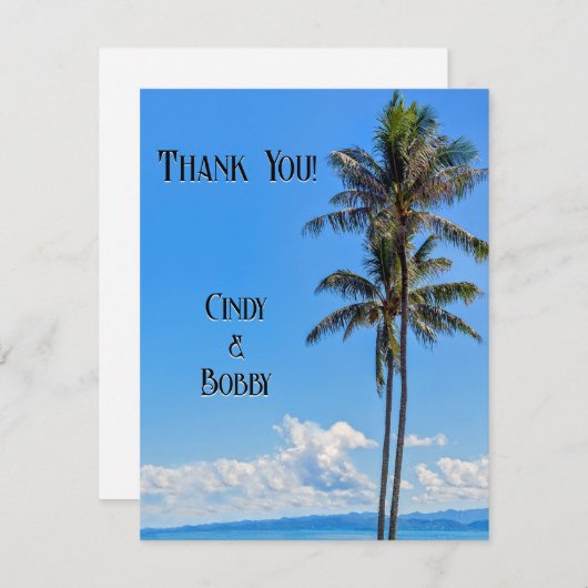 Tropisch eiland, palmbomen, blauwe Zeeen, huwelijk Bedankkaart (Voorkant / Achterkant)