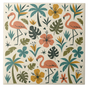 Tropisch Flamingo en Palmboom Patroon Tegeltje