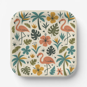 Tropisch flamingo- en palmboompatroon papieren bordje