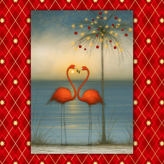 Tropisch Flamingo Koppel met Kerstpalmboom Feestdagen Kaart