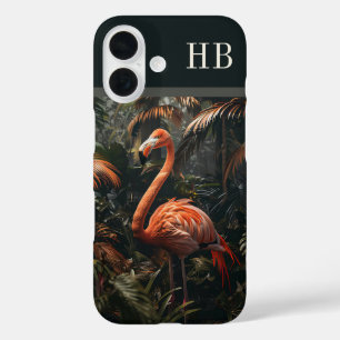 Tropisch Flamingo Oerwoud Monogram Gepersonaliseer iPhone 16 Hoesje
