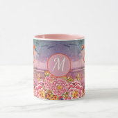 Tropisch Flamingo op strand, roze bloemen, monogra Mok (Midden)
