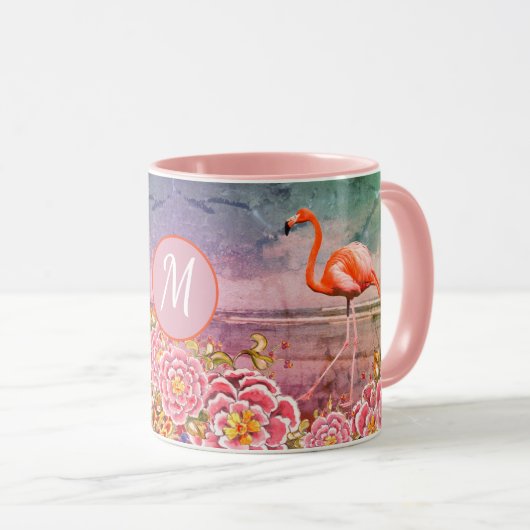 Tropisch Flamingo op strand, roze bloemen, monogra Mok (Voorkant rechts)