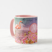 Tropisch Flamingo op strand, roze bloemen, monogra Mok (Voorkant links)