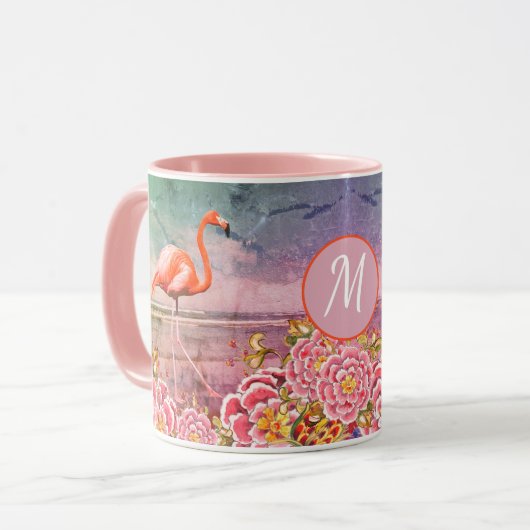 Tropisch Flamingo op strand, roze bloemen, monogra Mok (Voorkant links)