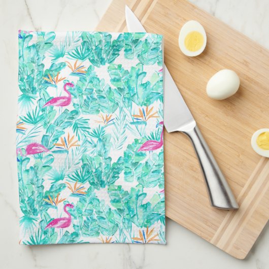 Tropisch Flamingo Palm Leaf Bird of Paradise Towel Theedoek (Quarter Fold)