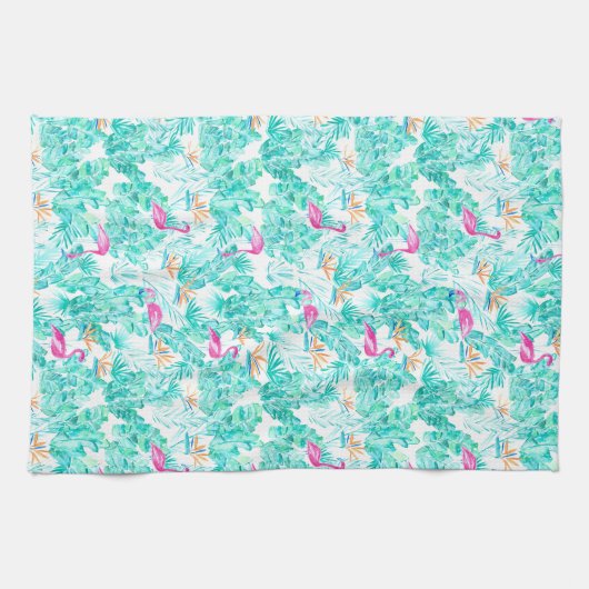 Tropisch Flamingo Palm Leaf Bird of Paradise Towel Theedoek (Horizontaal)