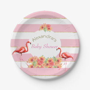 Tropisch Flamingo Pink Stripe Baby shower Papieren Bordje