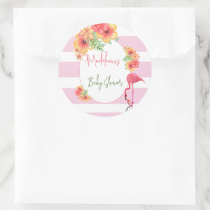 Tropisch Flamingo Pink Stripe Baby shower Ronde Sticker