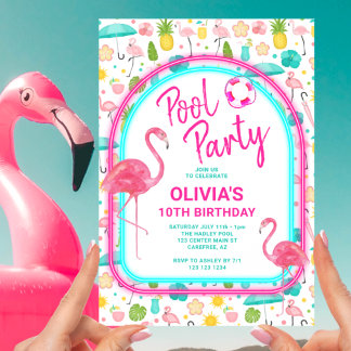 Tropisch Flamingo Pool Party Verjaardag Kaart