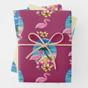 Tropisch Flamingo Strand, Palmboom en Bloemen Inpakpapier Vel