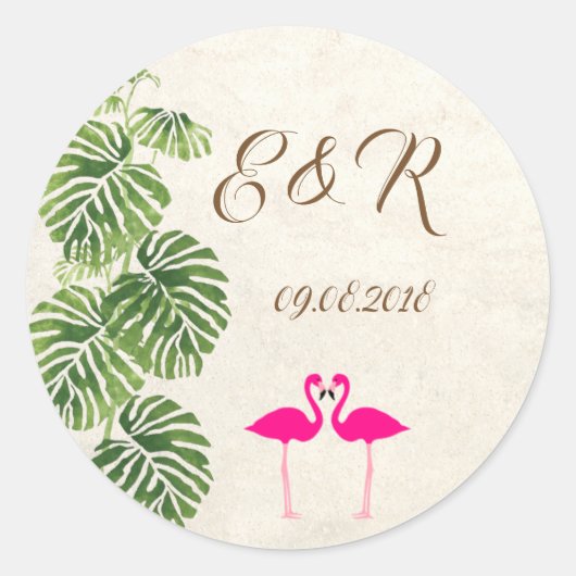 Tropisch Flamingos Wedding Ronde Sticker (Voorkant)