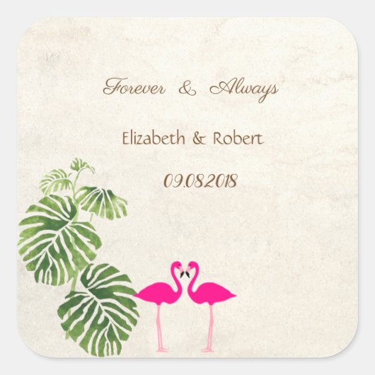 Tropisch Flamingos Wedding Vierkante Sticker (Voorkant)