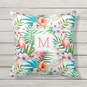 Tropisch Floral Flamingo Bird Monogram Buitenkussen