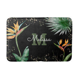 Tropisch Floral Foliage Monogram Script Gold Black Badmat