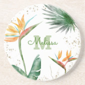 Tropisch Floral Foliage Monogram Script White Gold Zandsteen Onderzetter (Voorkant)