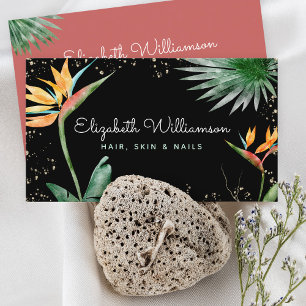 Tropisch Floral Script Gold op Black Beauty Salon Visitekaartje