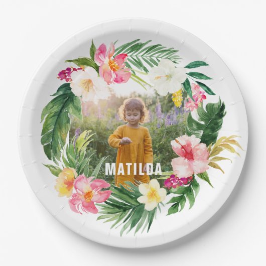 tropisch floreel roze geel flamingo stijlvol papieren bordje (Voorkant)