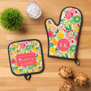 Tropisch fruit Monogram Waterverf Zomerpatroon Ovenwant & Pannenlap Set