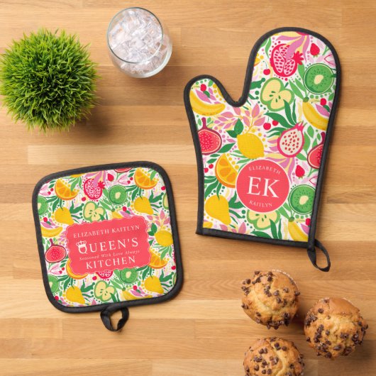 Tropisch fruit Monogram Waterverf Zomerpatroon Ovenwant & Pannenlap Set (Top down)