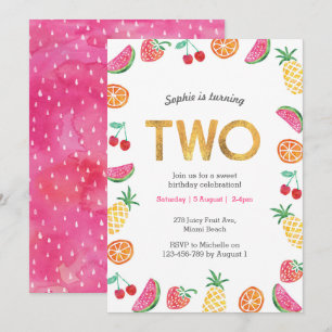 Tropisch fruitig Roze Goud 2e Verjaardag uitnodigi Kaart