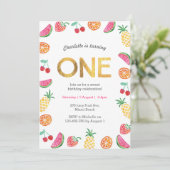 Tropisch fruitig Roze Gouden Verjaardag Uitnodigin Kaart (Staand voorkant)