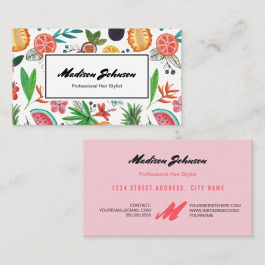 Tropisch fruitmonogram op maat | VISITEKAARTJES (Voorkant / Achterkant)