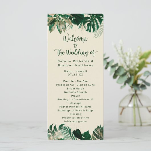 Tropisch gebladerte & bladeren chique huwelijkscer programma (Staand voorkant)