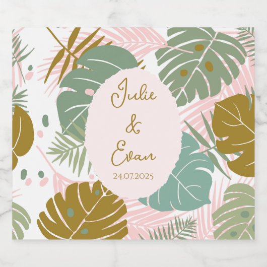 Tropisch gebladerte - Monstera en palmblad patroon Sparkling Wijnetiket (Enkel label)