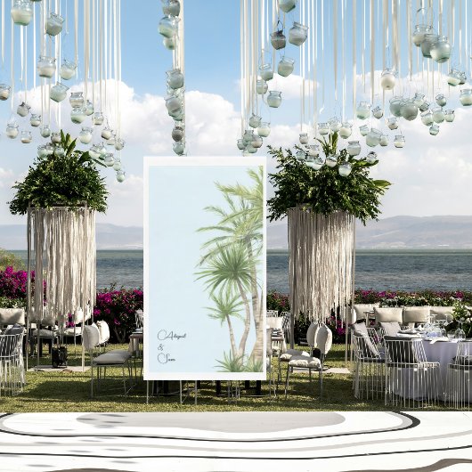 Tropisch gebladerte Script Namen Ice Blue Wedding Servet