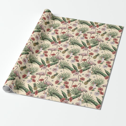 Tropisch geel flamingo bloemenpatroon cadeaupapier (Uitgerold)