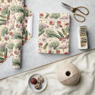 Tropisch Geel Flamingo Bloempatroon Cadeaupapier