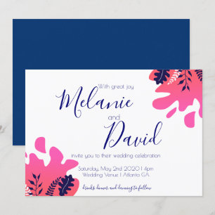 Tropisch geïnspireerde Navy Blue Hot Pink Wedding Kaart
