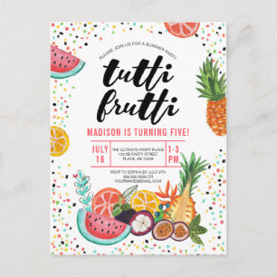 Tropisch gele meerkleurige Tutti Frutti-vruchten Uitnodiging Briefkaart