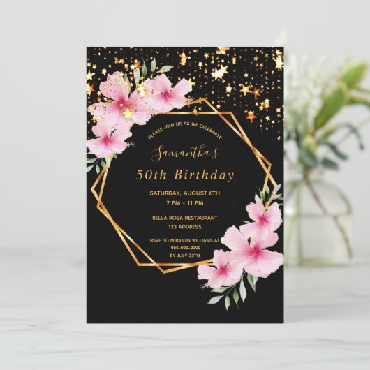 Tropisch geometrisch zwart gouden sterren verjaard kaart (Staand voorkant)