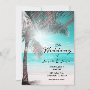Tropisch Glam Roze Aqua Blauwe Strand Palm Bruilof Kaart