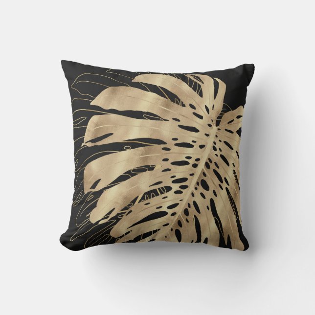 Tropisch Gold Monstera Leaf Black Design Kussen (Voorkant)