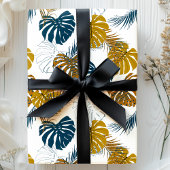 Tropisch goud- en marineblauw palmbladerloofpatroo cadeaupapier