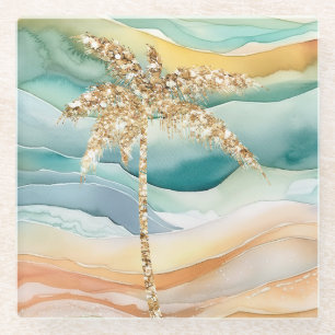Tropisch goud glitter palmboom strand glazen onderzetter