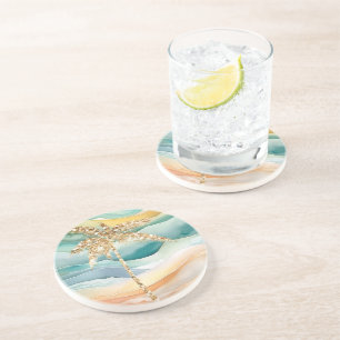 Tropisch goud glitter palmboom strand zandsteen onderzetter