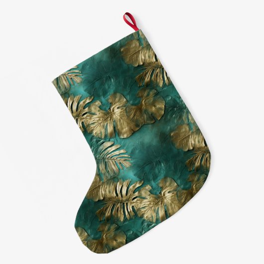 Tropisch goud smaragdgroen blad grote kerstsok (Achterkant (Hangend))