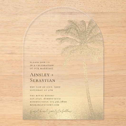 Tropisch Goud Zand Palm Tree Boho Beach Huwelijk Acryl Uitnodigingen (Voorkant)